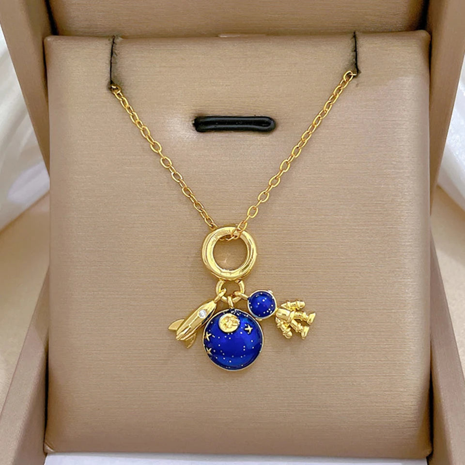 Gold Astronaut & Moon Necklace