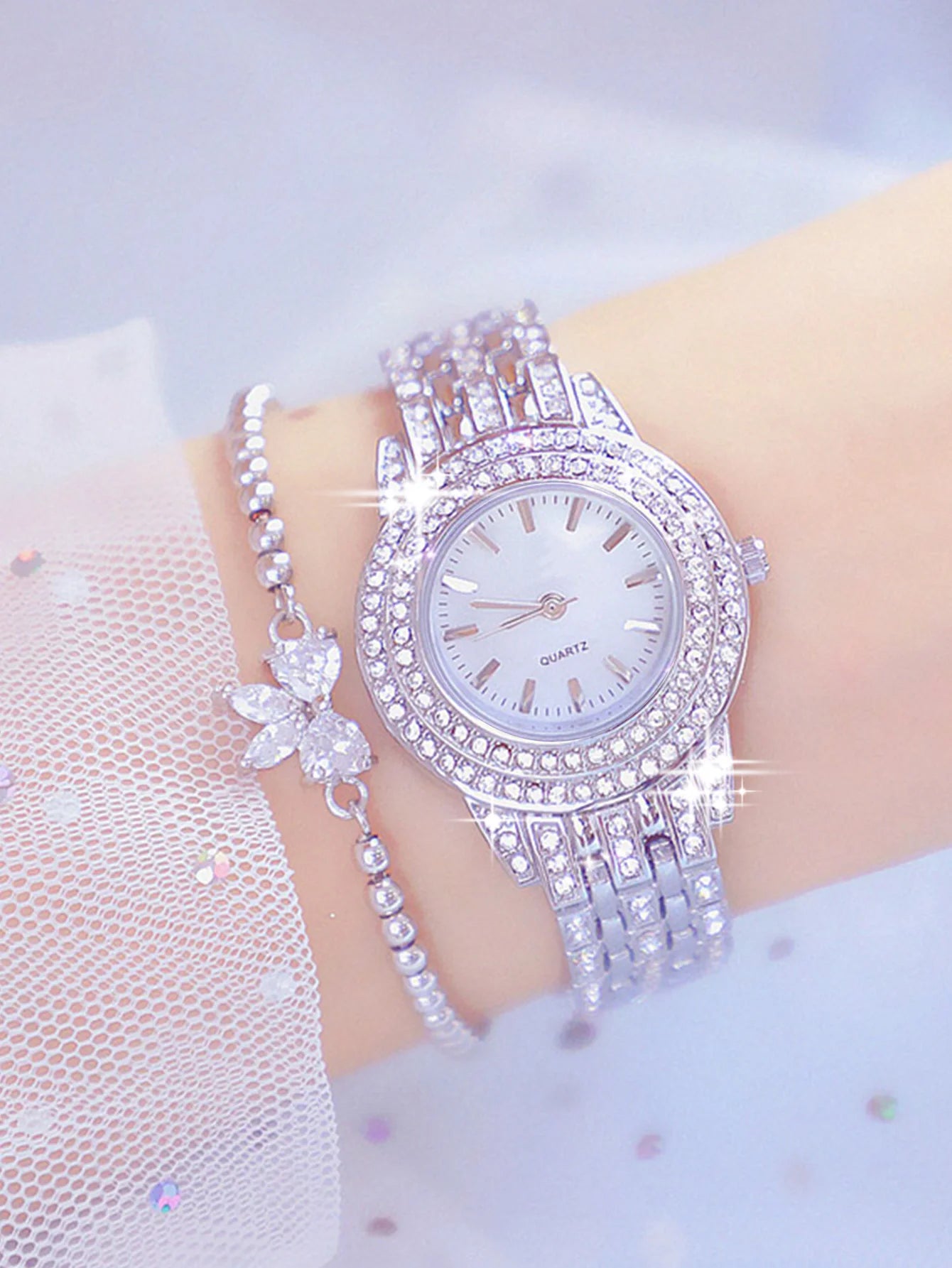 2pcs Diamond Scale Quartz Watch Set