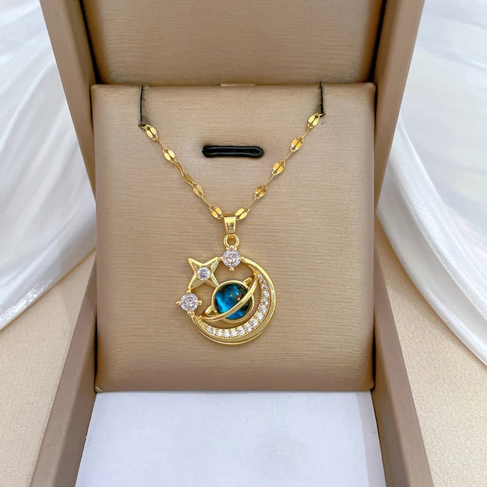 Gold Astronaut & Moon Necklace