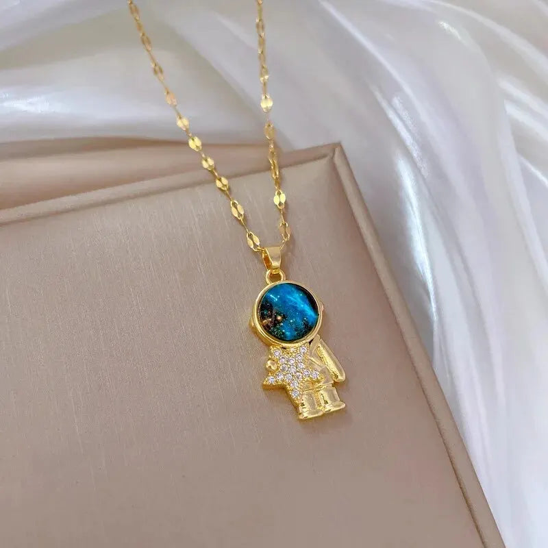 Gold Astronaut & Moon Necklace