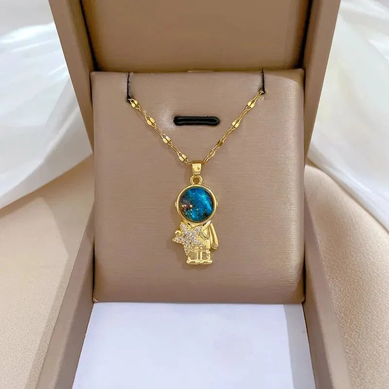 Gold Astronaut & Moon Necklace