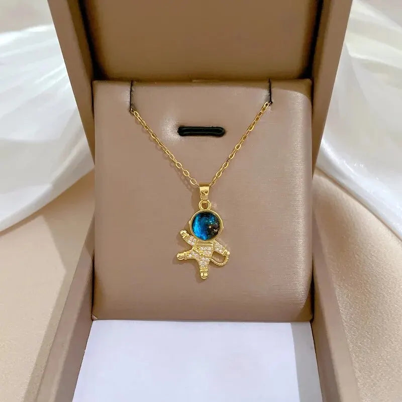 Gold Astronaut & Moon Necklace