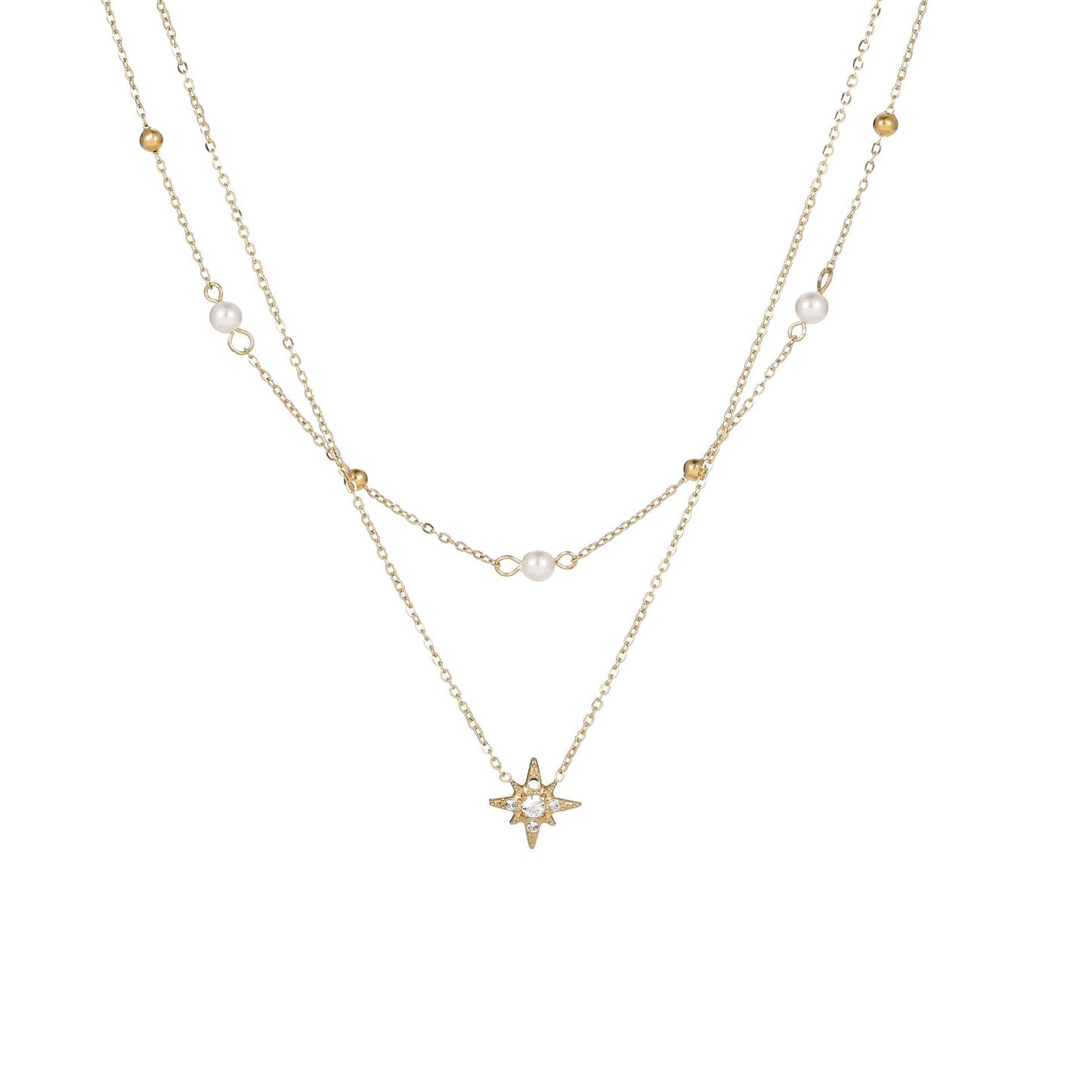 Double-layer Six-pointed Star Rhinestone Pearl Stainless Steel Necklace 18K Gold Plating Ins Design Sense