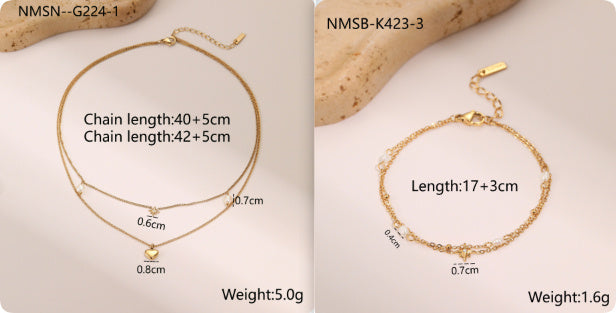 Double-layer Six-pointed Star Rhinestone Pearl Stainless Steel Necklace 18K Gold Plating Ins Design Sense